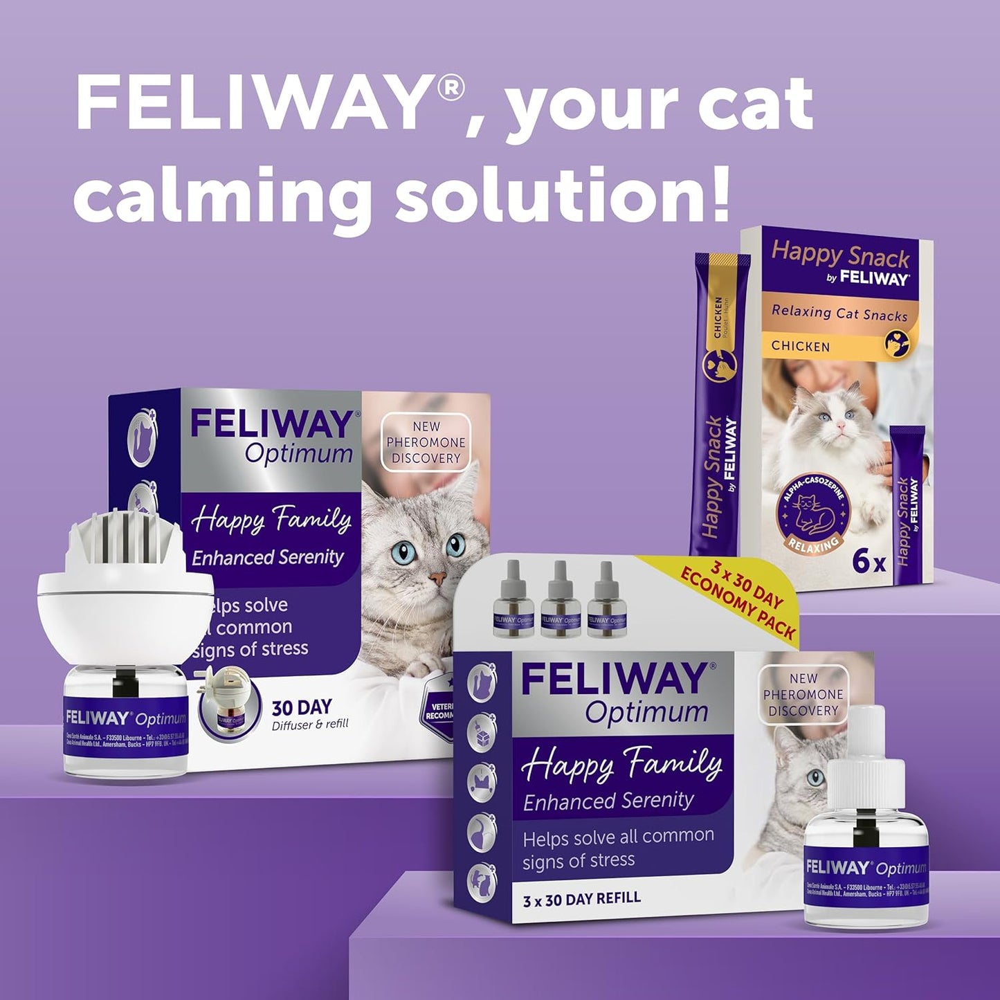 FELIWAY Optimum 30 - Day Refill X 3 Value Pack | 48ml FELIWAY Optimum Refill 3 Pack For Plug - In Anxiety Relief Pheromone Diffuser For Cats | Calm Your Cat and Reduce Stress With FELIWAY Optimum - BestPet Uk