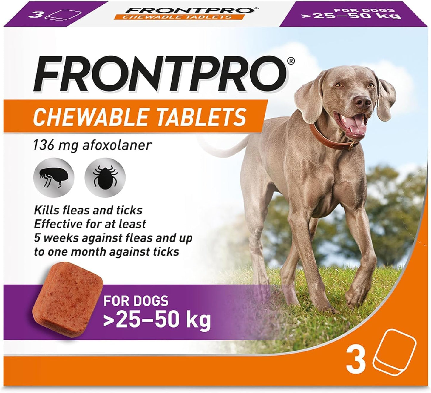 FRONTPRO Chewable Tablets Flea & Tick Treatment for Dogs 3 Pack (25 - 50kg) 