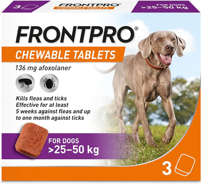 FRONTPRO Chewable Tablets Flea & Tick Treatment for Dogs 3 Pack (25 - 50kg) 