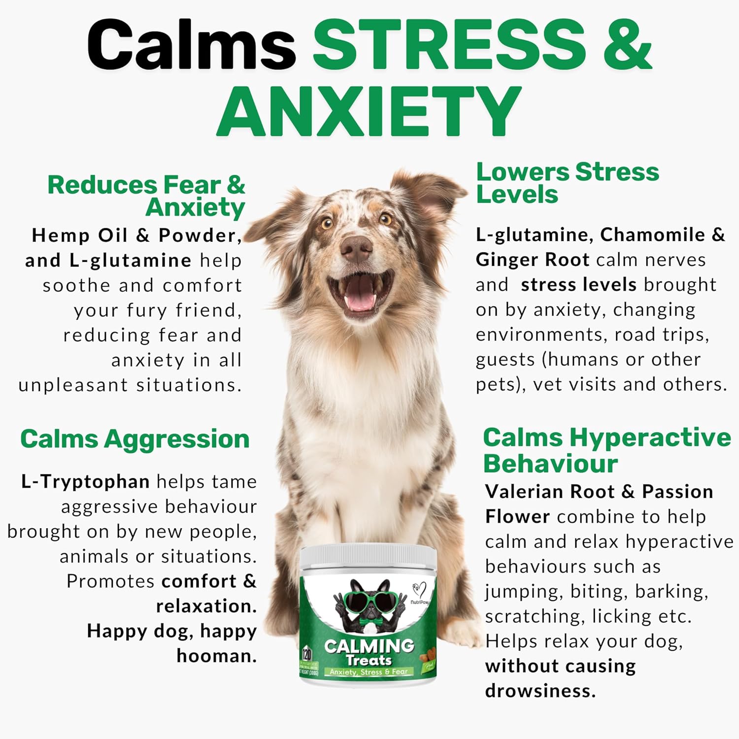 NutriPaw Calming Treats For Dogs - Reduce Stress, Fear, Separation, Barking, Hyperactivity, Reactivity, Aggression, Travel - Calm without Drowsiness - BestPet Uk