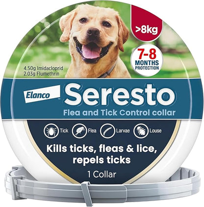 Seresto Flea and Tick Control Collar For Dogs Over 8kg (1 Collar), Long - Lasting & Simple Treatment For Dogs, 7 - 8 Months Of Protection, Keeps Pets Protected From Fleas & Ticks - BestPet Uk